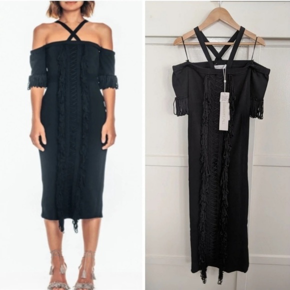 NWT ALICE MCCALL Black Fringe Cold Shoulder Sovereign Midi Dress Size 0 - Picture 4 of 13